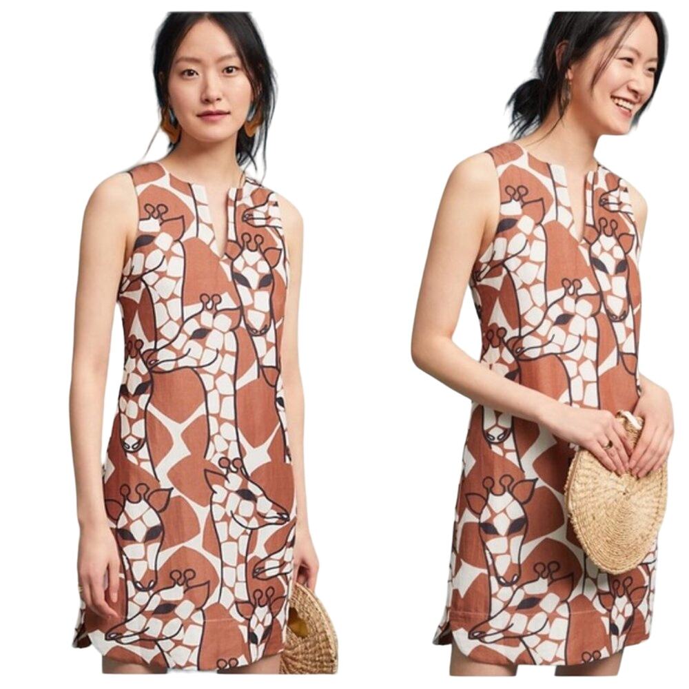 Anthropologie Dress CLC Giraffe Print Linen Blend Shift Mini Animal Tan Brown xs